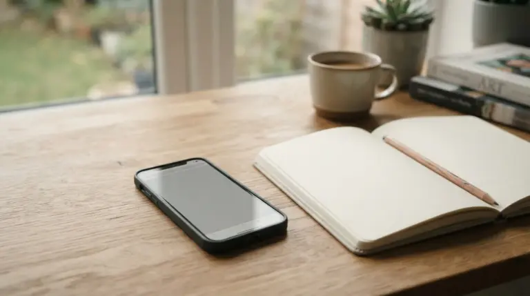 Móvil con una app de interfaz neutra sobre un escritorio junto a un cuaderno abierto
