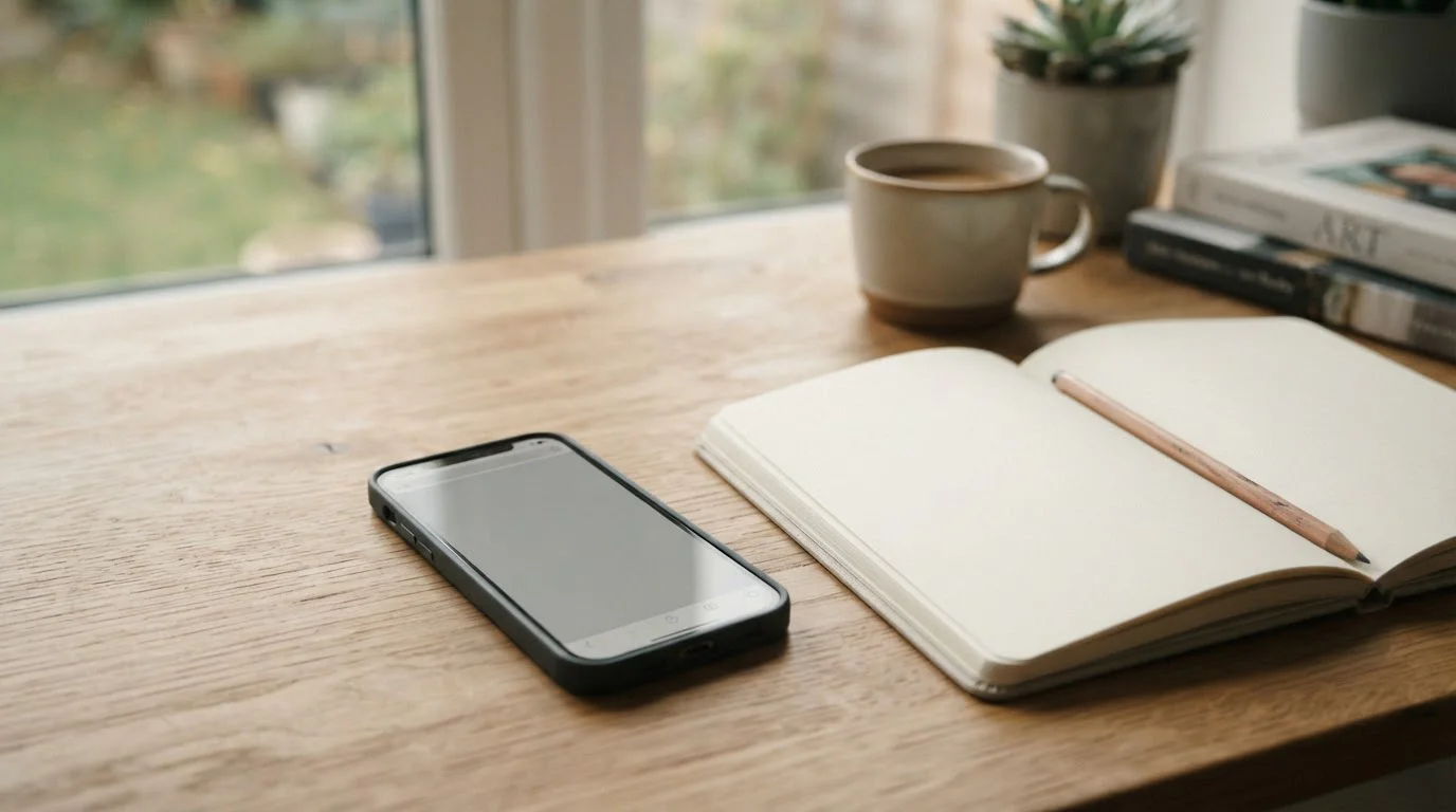 Móvil con una app de interfaz neutra sobre un escritorio junto a un cuaderno abierto