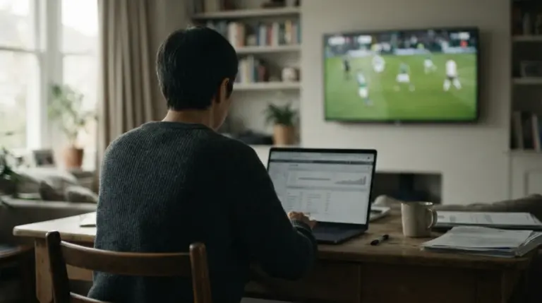 Persona de espaldas analiza datos en un portátil mientras se ve un partido de fútbol al fondo