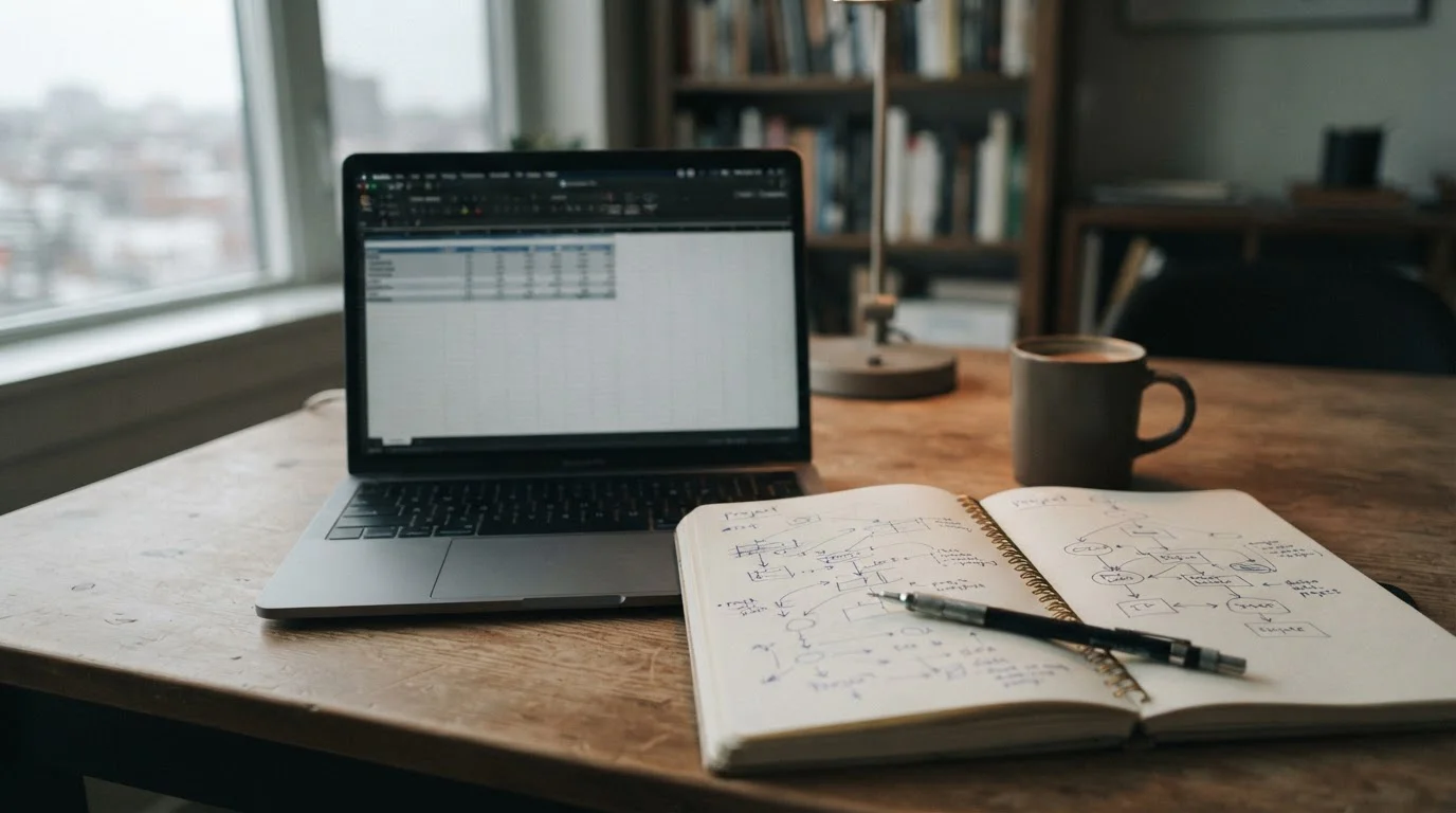 Portátil con tablas neutras junto a un cuaderno con un diagrama de combinaciones