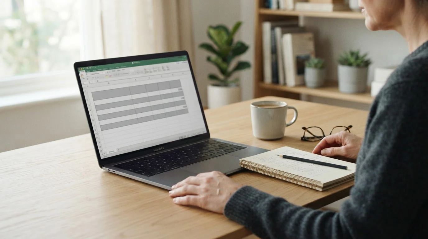 Portátil con una tabla comparativa neutra y un cuaderno con notas sobre un escritorio
