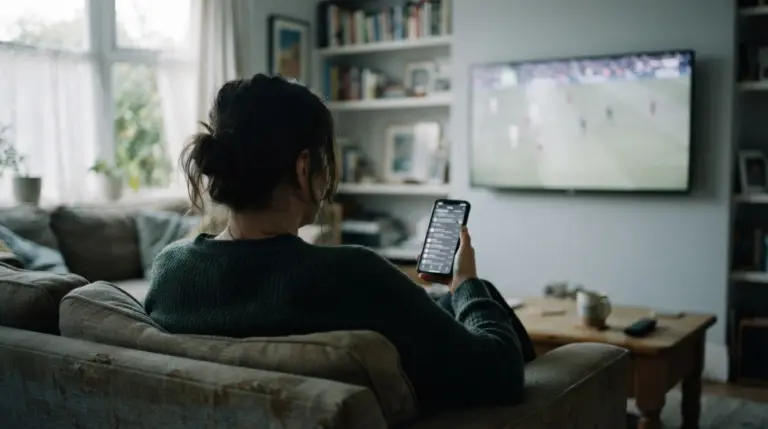 Persona de espaldas siguiendo un partido en la televisión con el móvil en la mano
