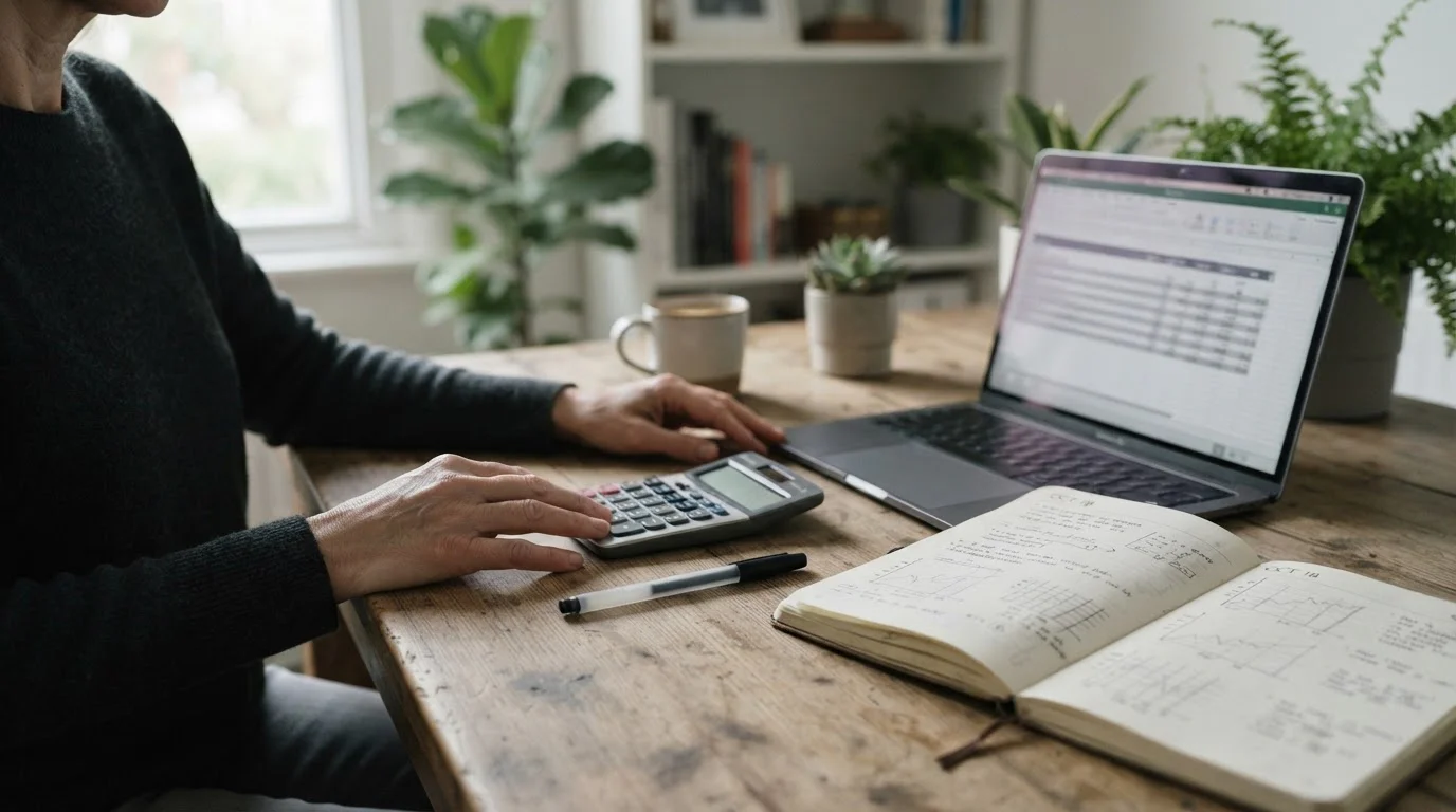 Escritorio con calculadora, cuaderno con gráficos a lápiz y portátil