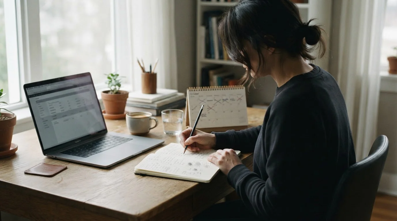 Escritorio con portátil, calendario de papel y una mano anotando cálculos en una libreta