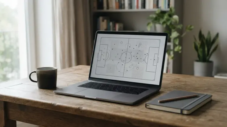 Portátil sobre un escritorio con un partido simulado en pantalla junto a un cuaderno cerrado