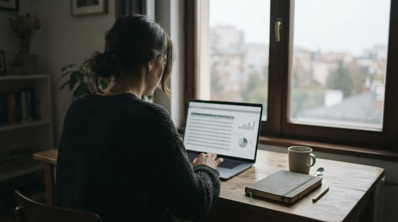 Persona de espaldas revisando datos en un portátil junto a una ventana