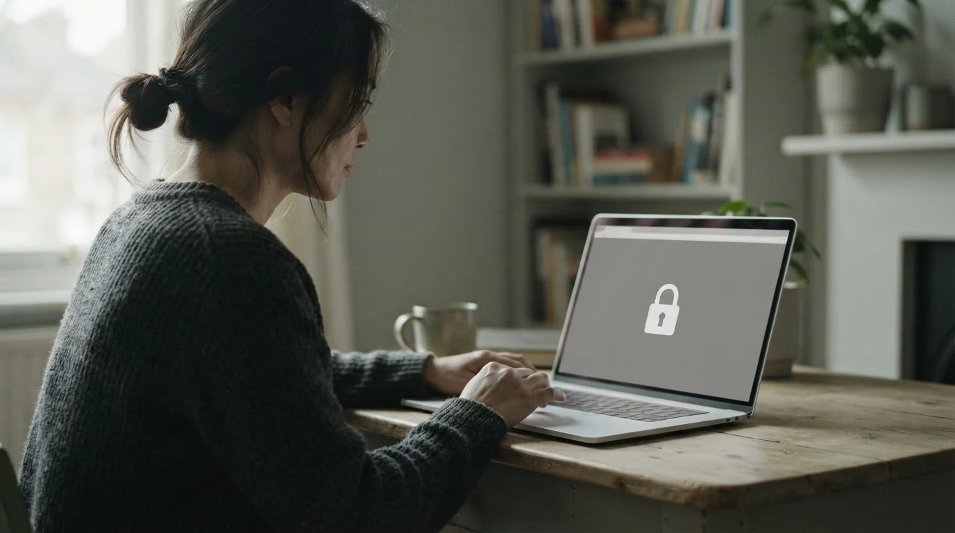Persona de perfil ante un portátil que muestra una página bloqueada con un candado