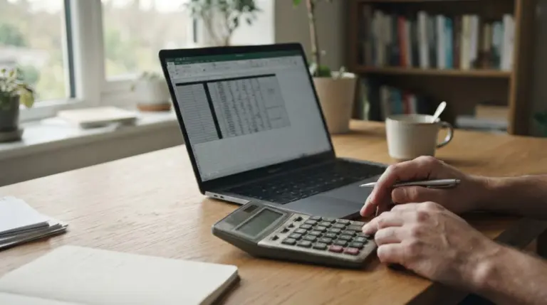 Manos con calculadora junto a un portátil con una tabla comparativa
