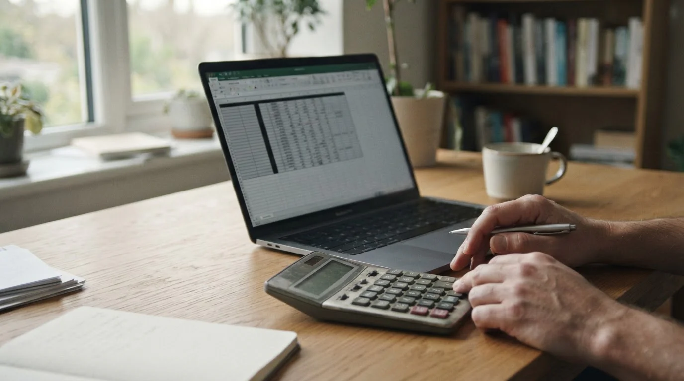 Manos con calculadora junto a un portátil con una tabla comparativa