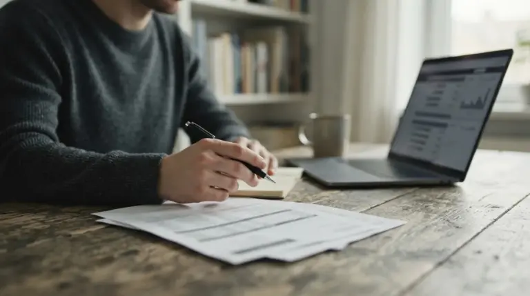 Manos revisando las condiciones de un bono junto a un portátil