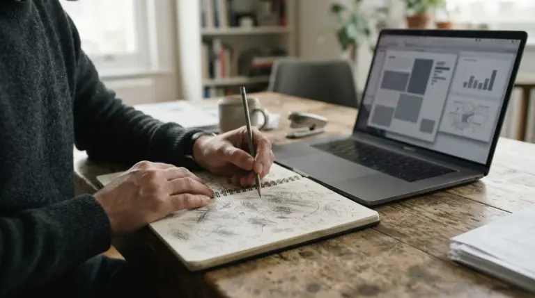 Manos con un lápiz junto a un cuaderno y un portátil sobre un escritorio