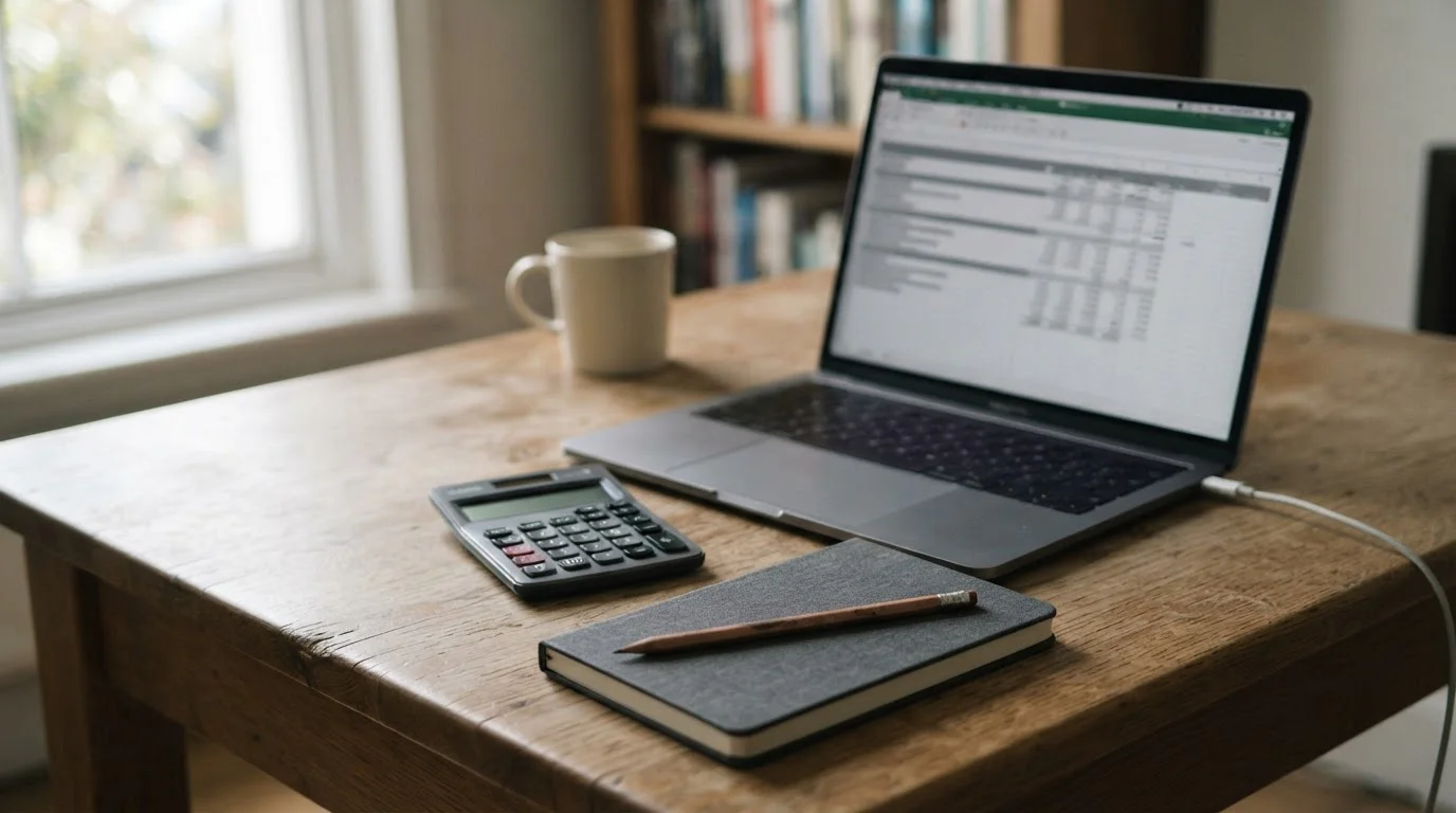 Escritorio con calculadora, cuaderno cerrado y portátil con filas de datos neutras