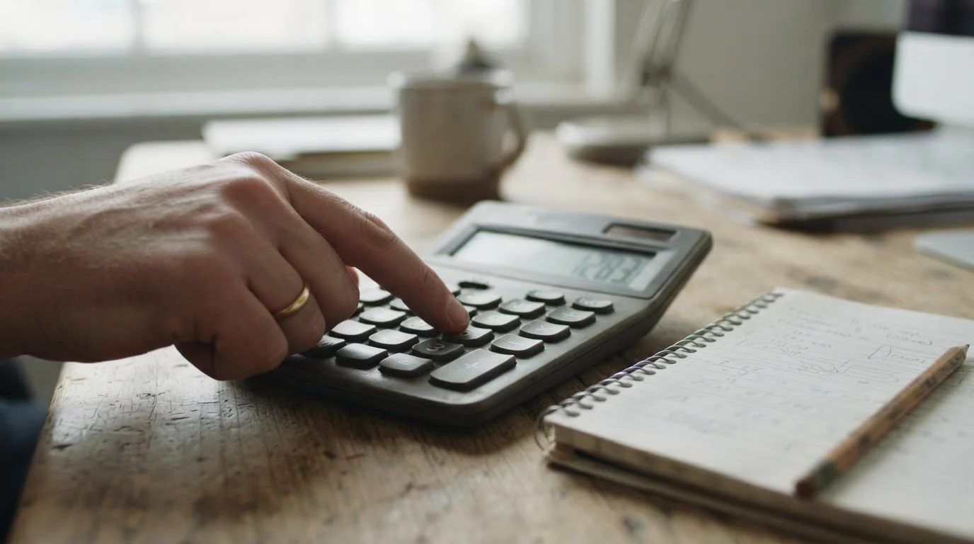 Mano usando una calculadora de escritorio junto a un cuaderno
