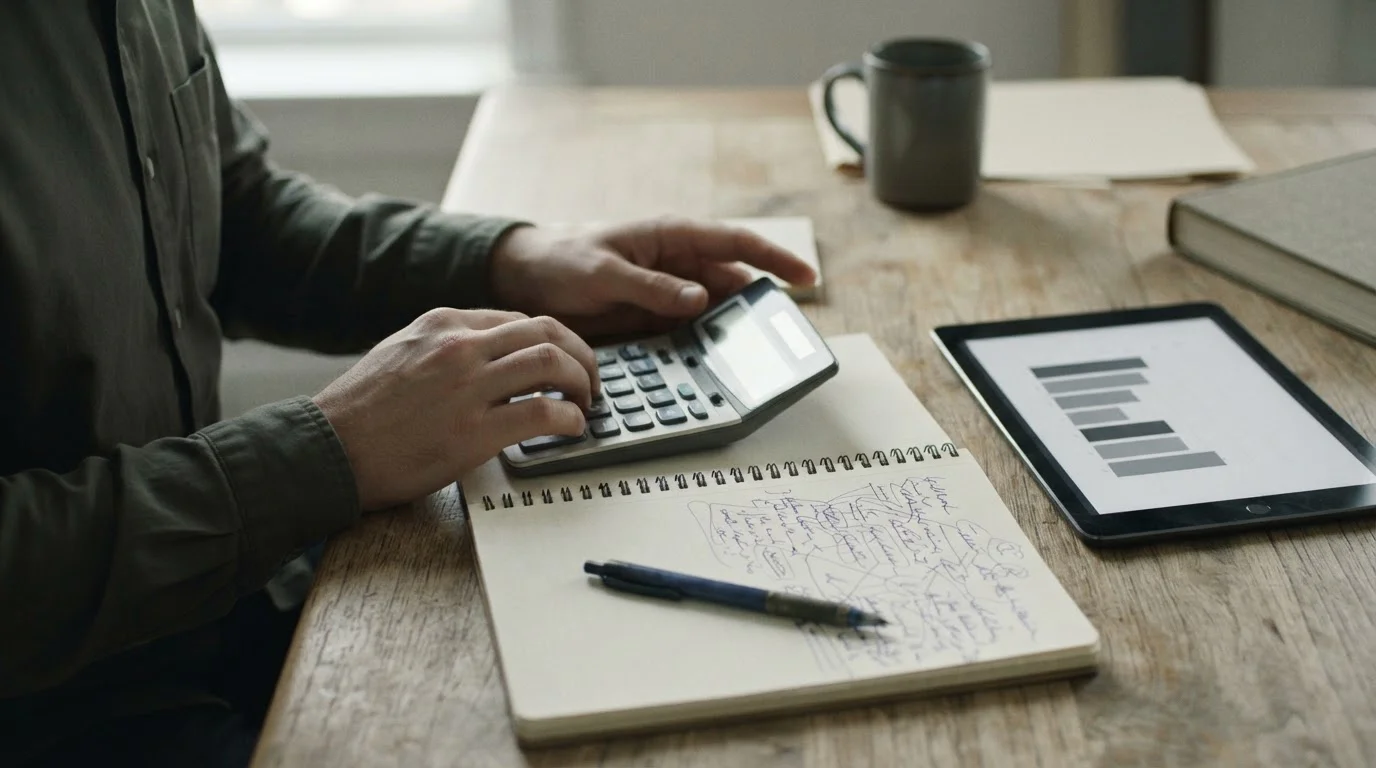 Manos con una calculadora y un cuaderno de cálculos junto a una tableta
