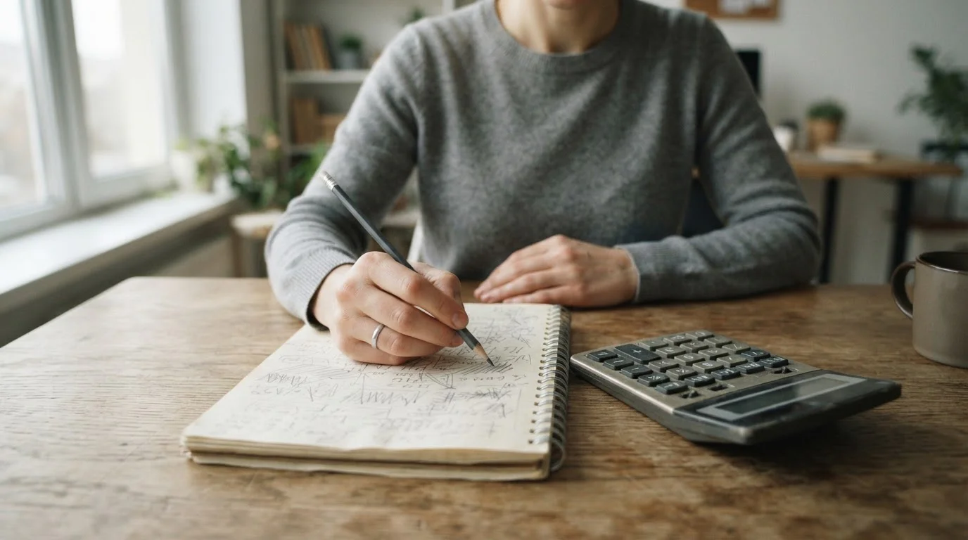 Manos con un lápiz sobre una libreta junto a una calculadora