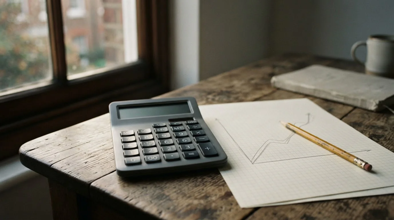 Calculadora, lápiz y papel milimetrado con una línea ascendente