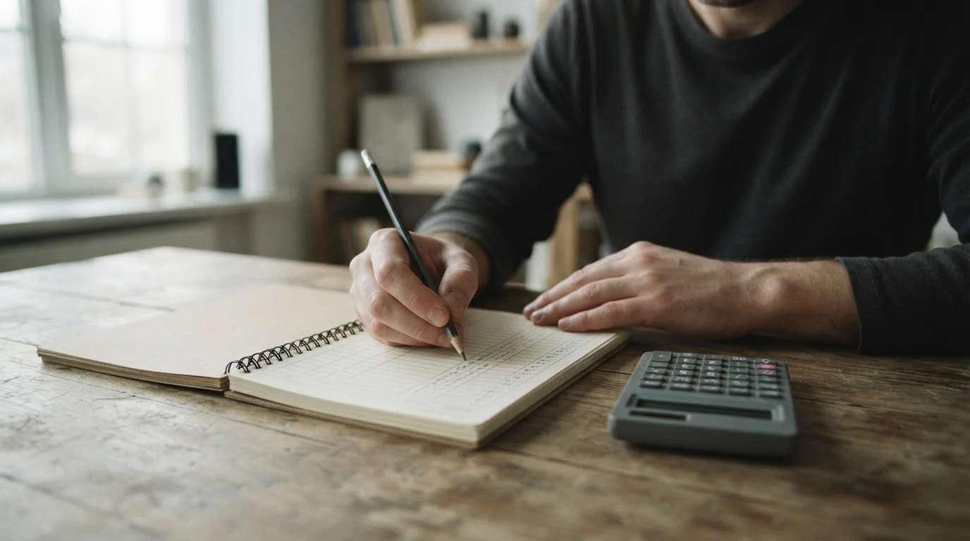 Manos con lápiz sobre un cuaderno cuadriculado junto a una calculadora