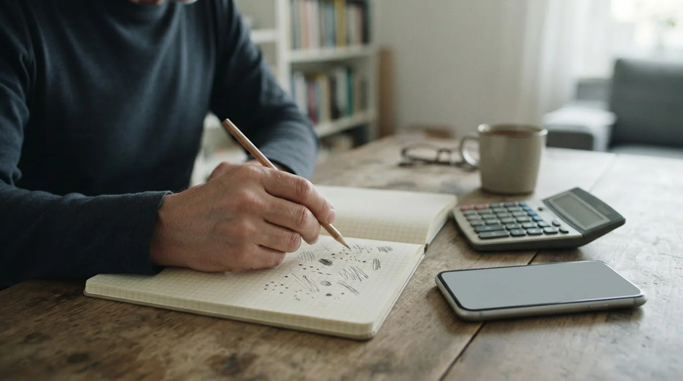 Mano con lápiz haciendo cálculos en un cuaderno junto a una calculadora