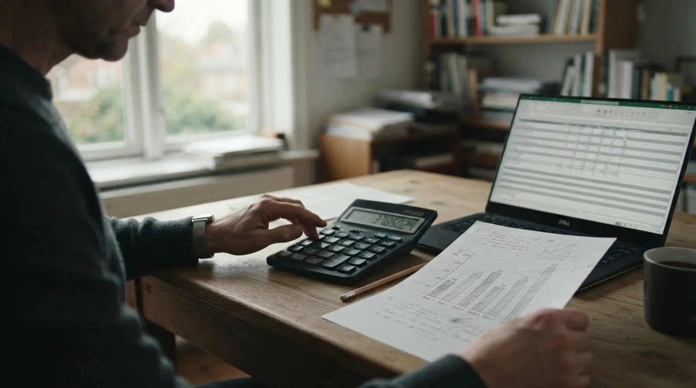 Manos con una calculadora junto a papel milimetrado con un gráfico de barras a lápiz