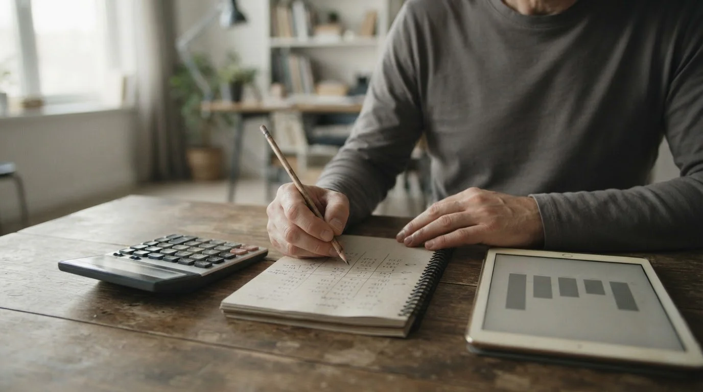 Manos con lápiz y calculadora junto a una tableta con un gráfico de barras sin etiquetas