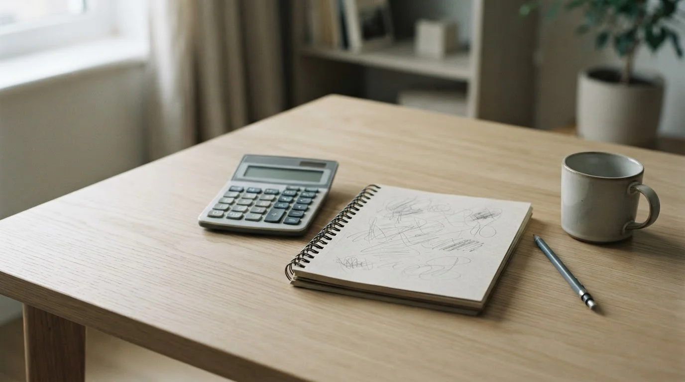 Calculadora con la pantalla en blanco junto a un cuaderno con anotaciones a lápiz