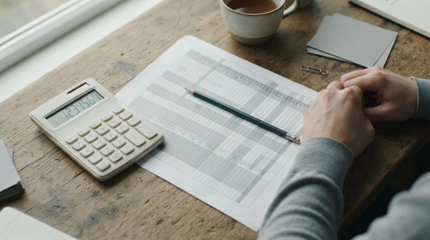 Calculadora y lápiz sobre una hoja con columnas de datos sin nombres