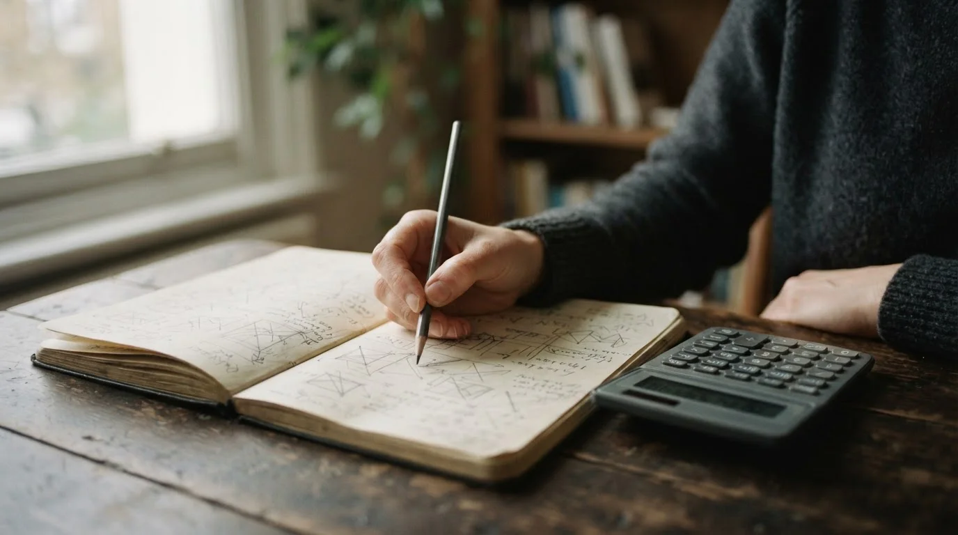 Mano con lápiz junto a una calculadora haciendo cálculos en un cuaderno