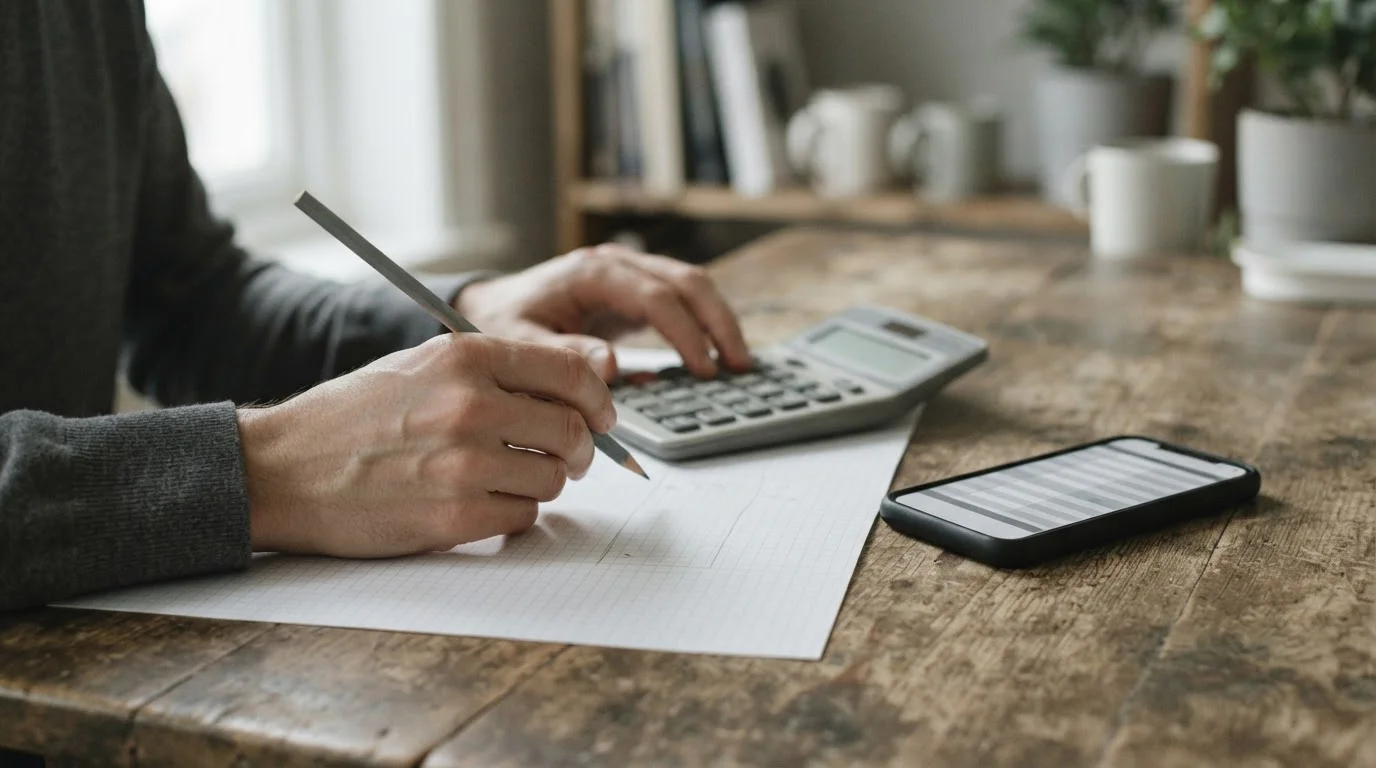 Manos con lápiz y calculadora sobre papel cuadriculado junto a un móvil