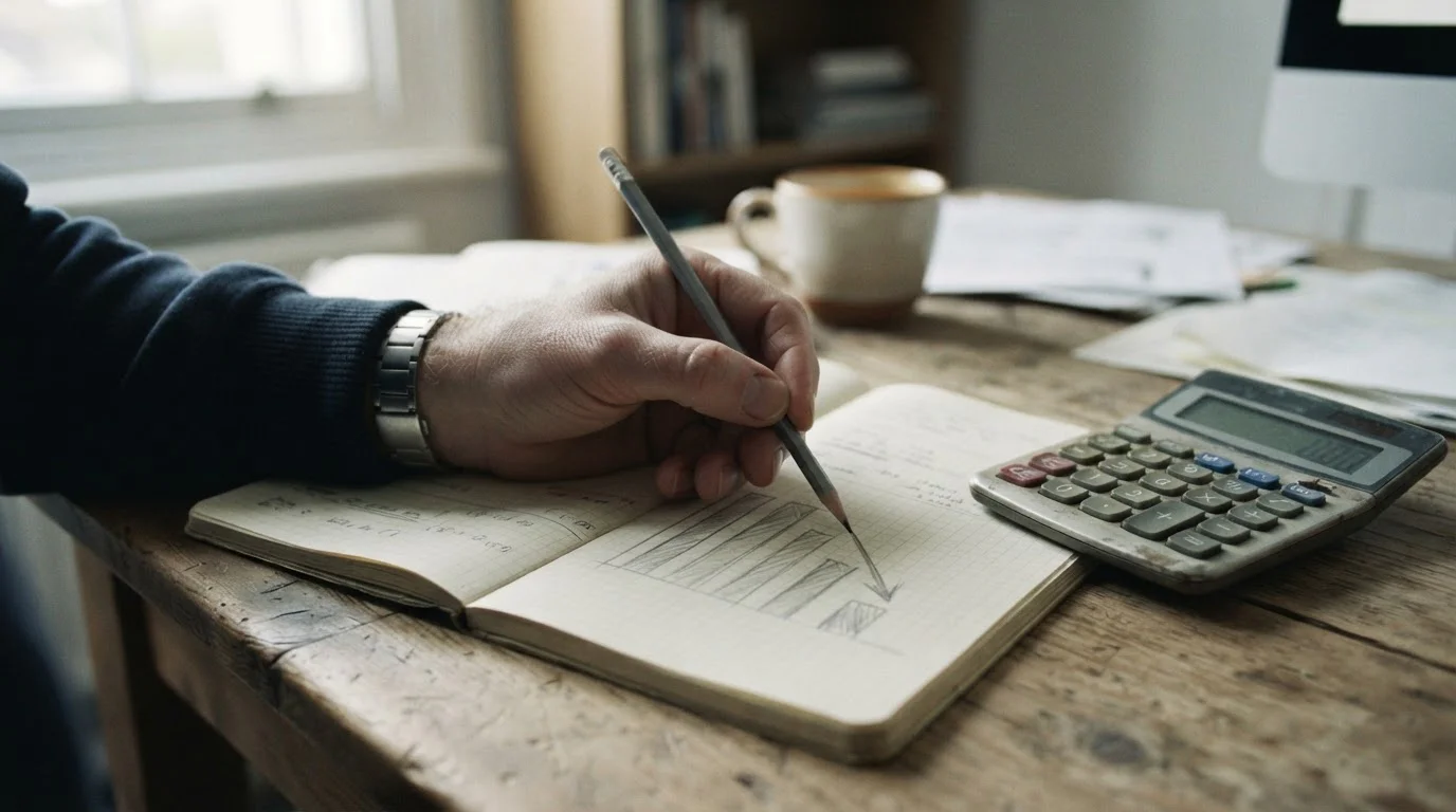 Mano con lápiz sobre un cuaderno con un gráfico de barras decrecientes