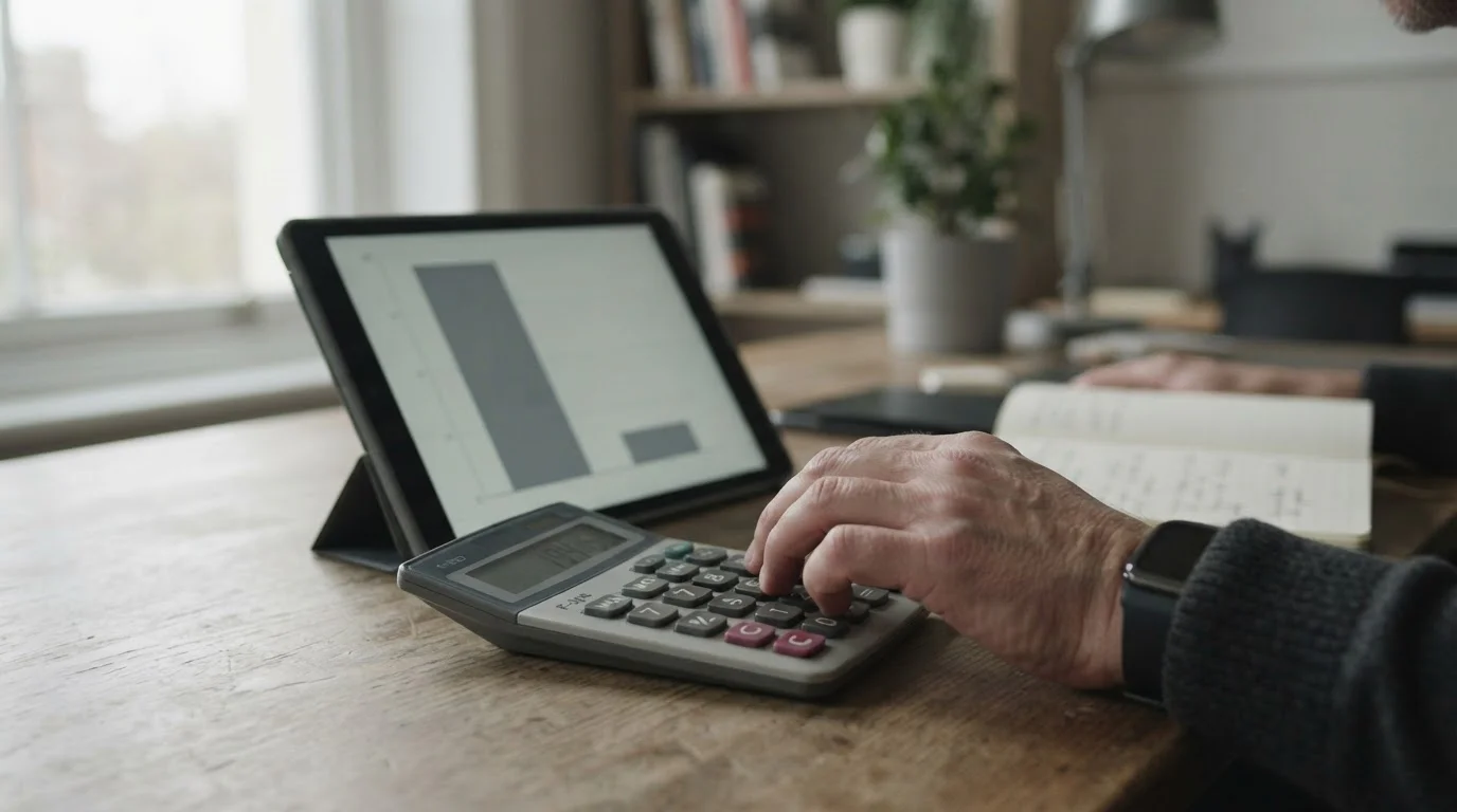Manos con una calculadora junto a una tableta con un gráfico de dos barras desiguales
