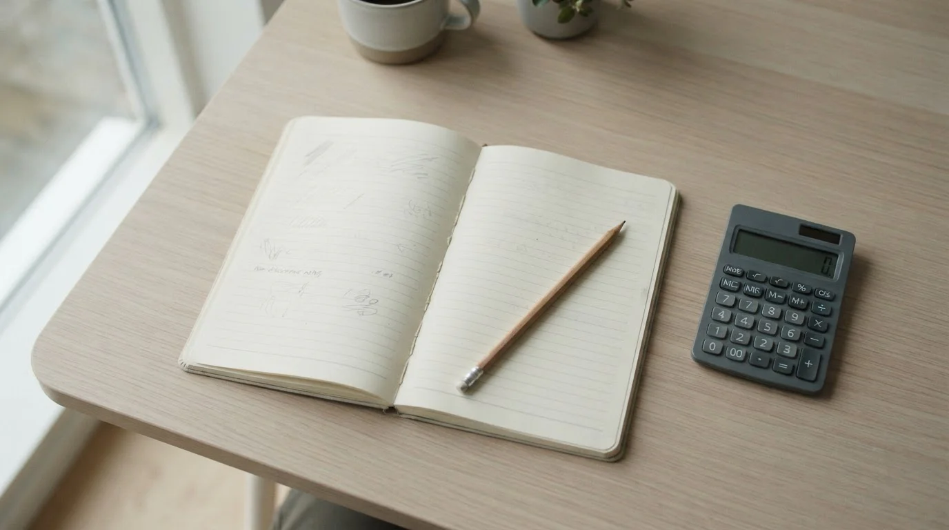 Cuaderno abierto con anotaciones, lápiz y calculadora sobre un escritorio