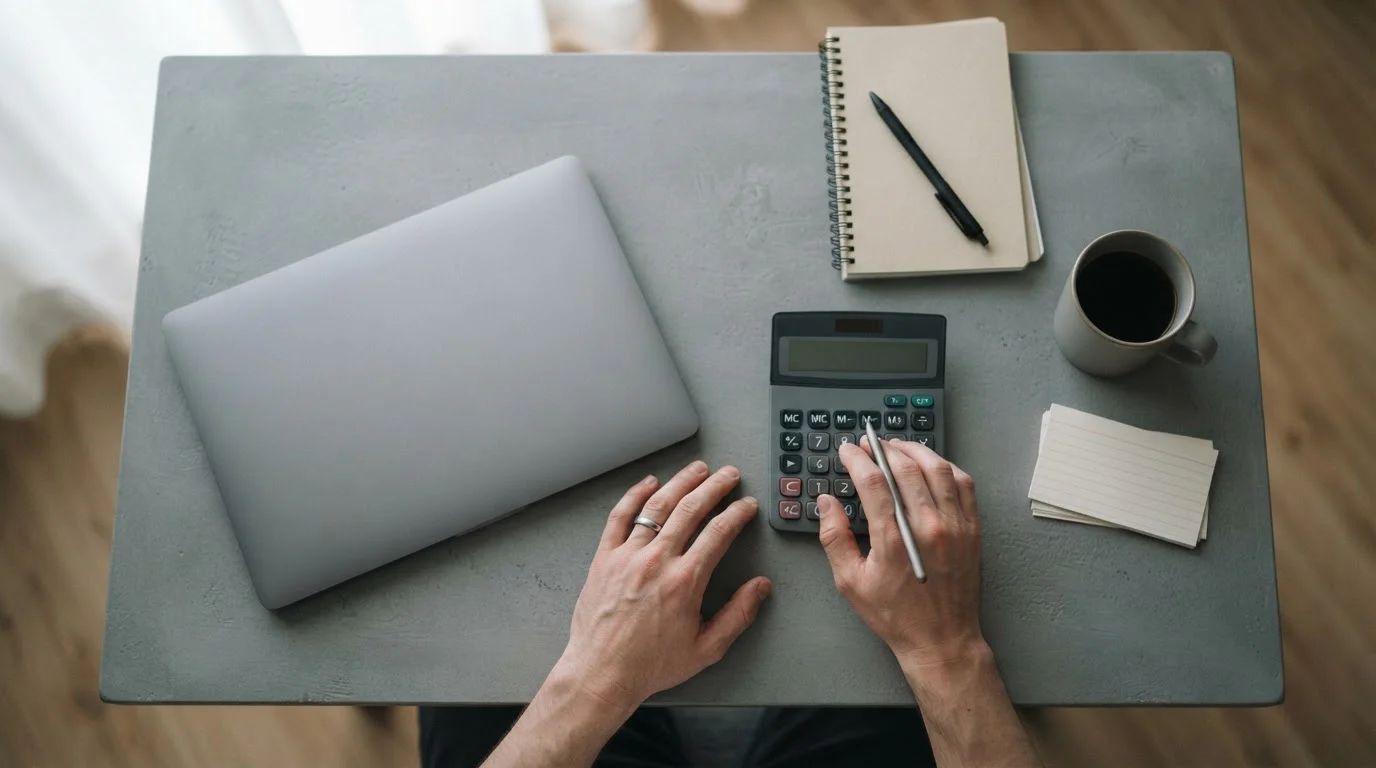 Manos usando una calculadora junto a un portátil con una tabla de datos neutra