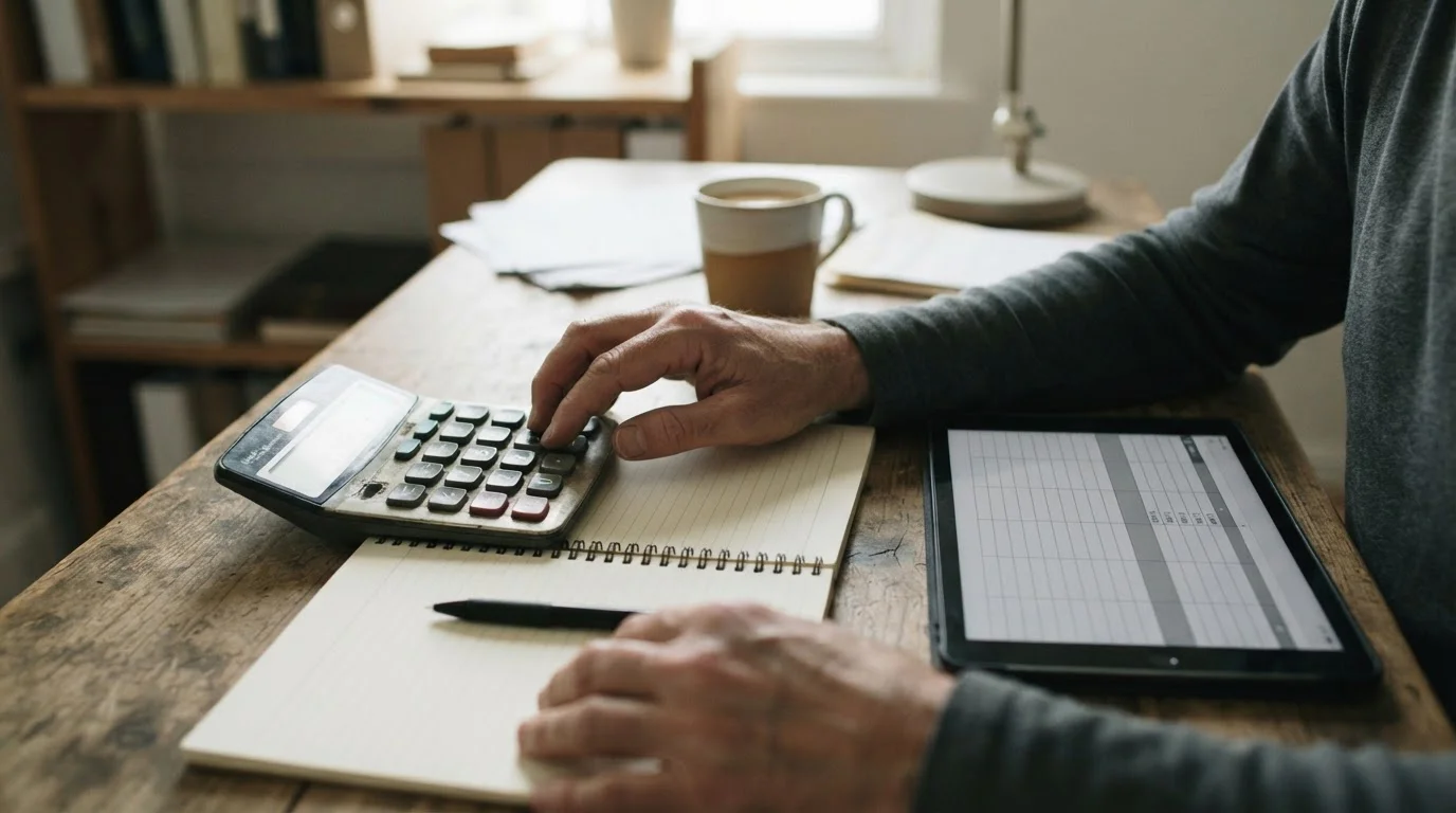 Manos de un adulto usando una calculadora junto a un bloc de notas