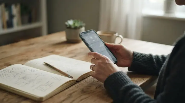 Manos con un móvil sobre un escritorio junto a un cuaderno abierto y un lápiz