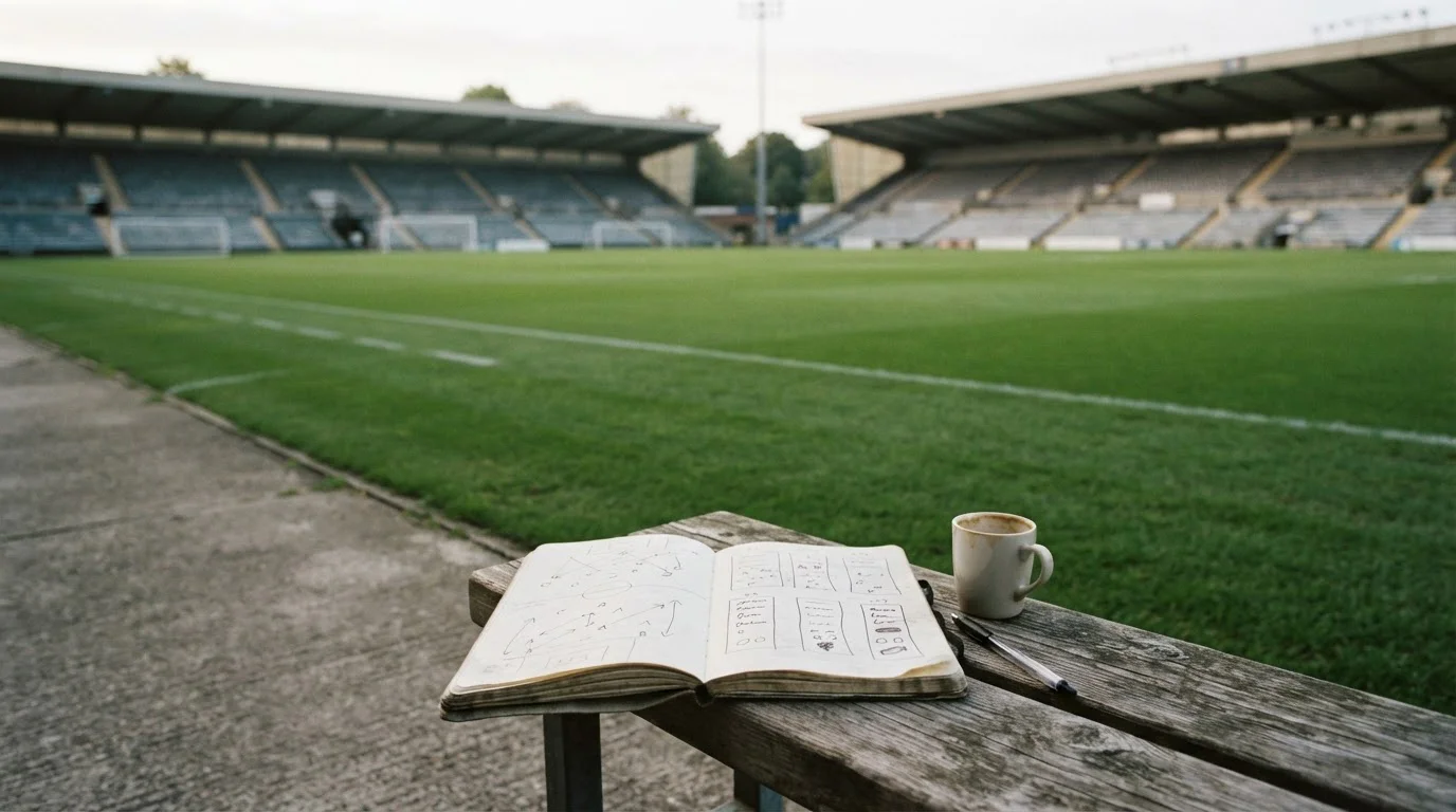 Campo de fútbol vacío con un cuaderno de cálculos sobre un banco