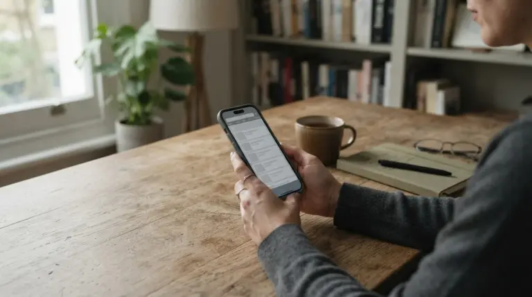 Manos sosteniendo un móvil con una app de pagos sobre un escritorio de madera