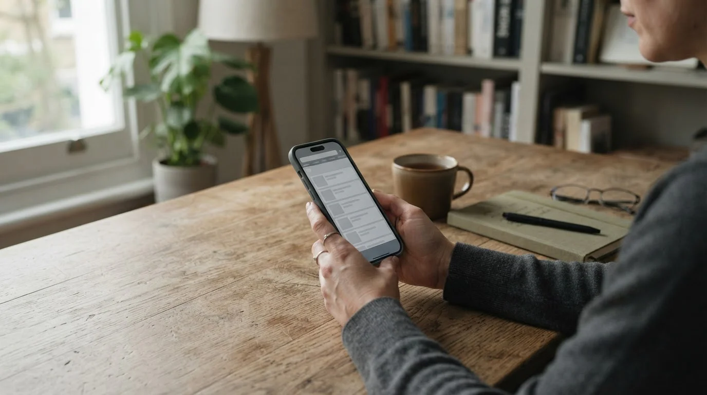 Manos sosteniendo un móvil con una app de pagos sobre un escritorio de madera