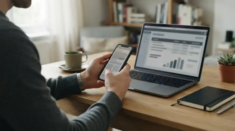 Manos con un móvil abierto en una app de pagos junto a un portátil