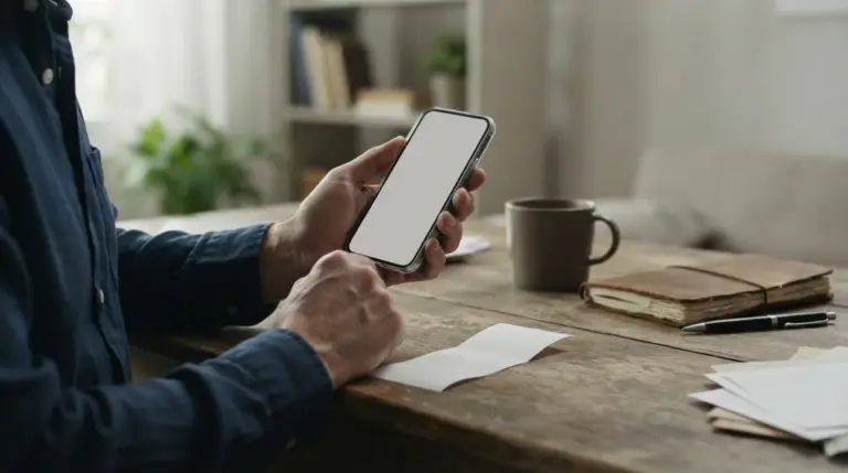 Manos sosteniendo un móvil con una pantalla de pago neutra junto a un recibo en blanco