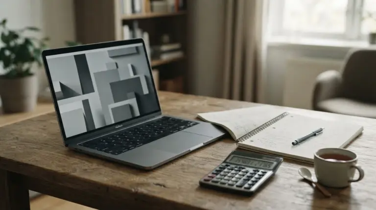 Escritorio con portátil, cuaderno abierto y calculadora para analizar ofertas de bienvenida