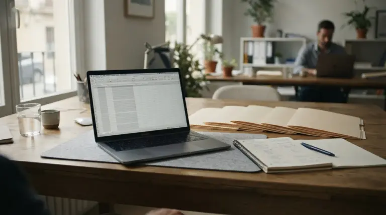 Escritorio con portátil, tabla neutra y nueve carpetas sin rótulo