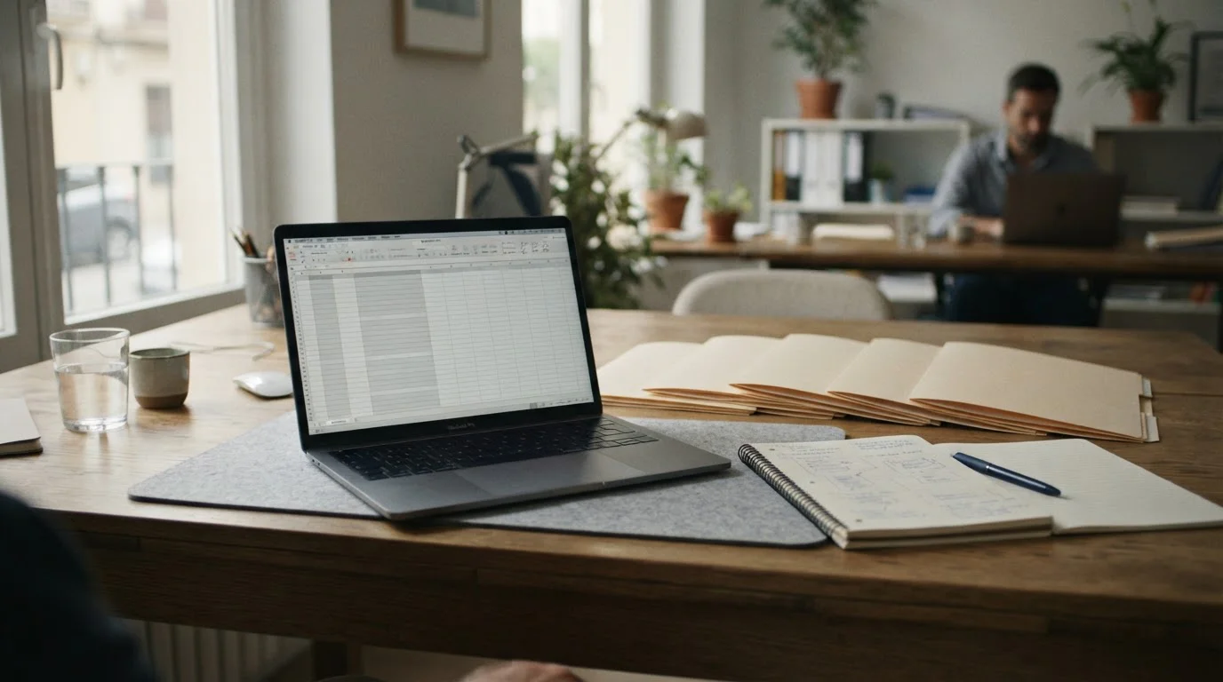 Escritorio con portátil, tabla neutra y nueve carpetas sin rótulo