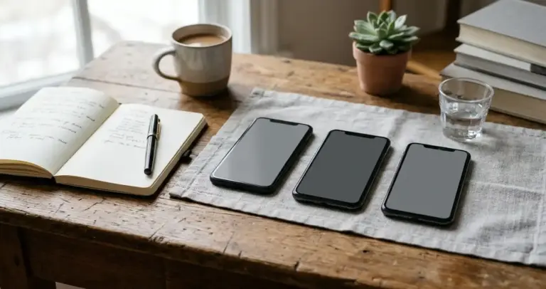 Persona de espaldas comparando tres móviles con interfaces neutras sobre un escritorio