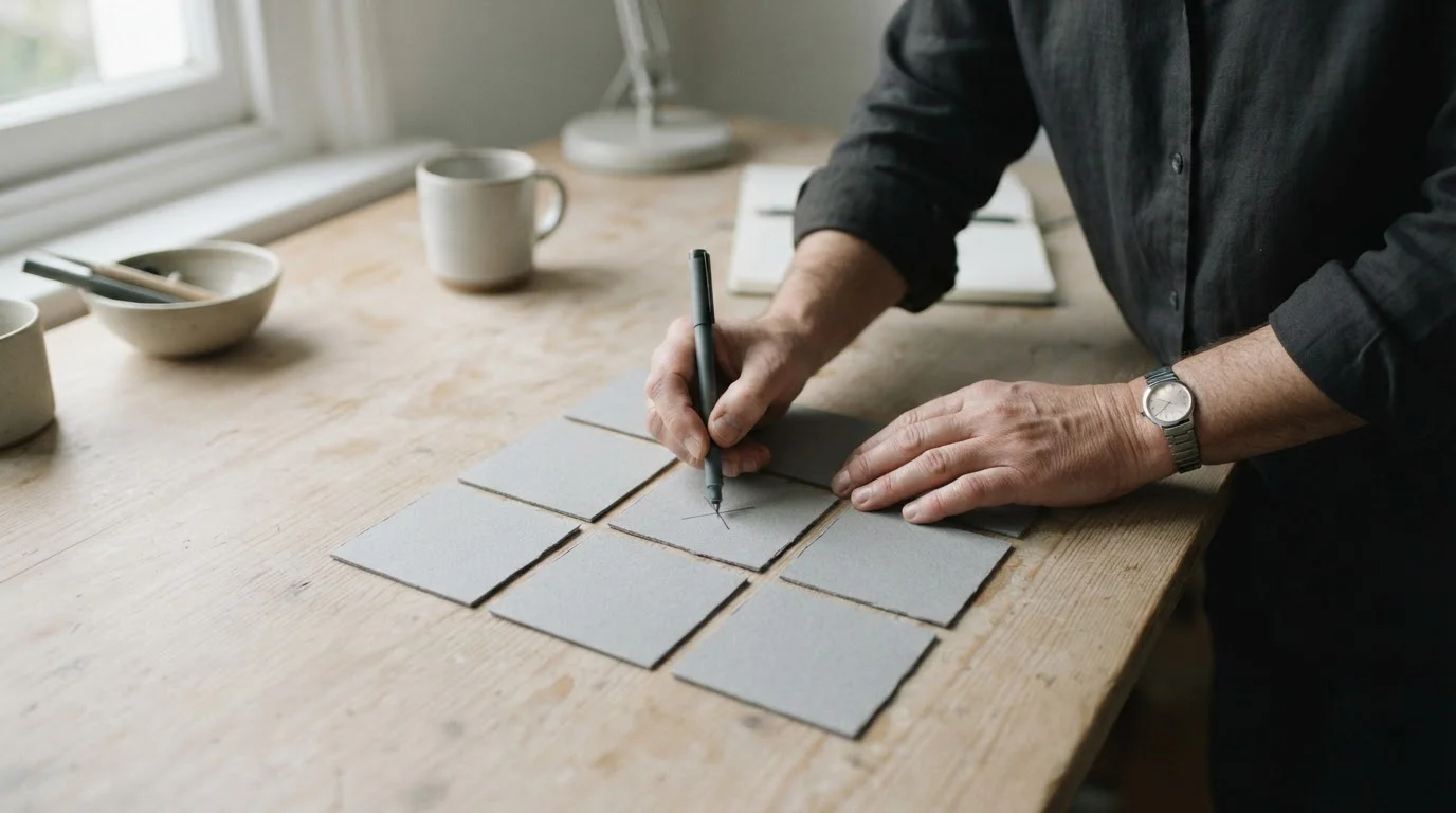 Manos ordenando nueve piezas de papel en blanco sobre un escritorio para compararlas