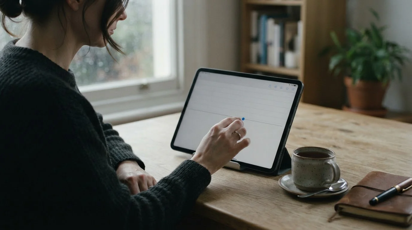 Manos ajustando un control deslizante en una tableta con un gráfico neutro