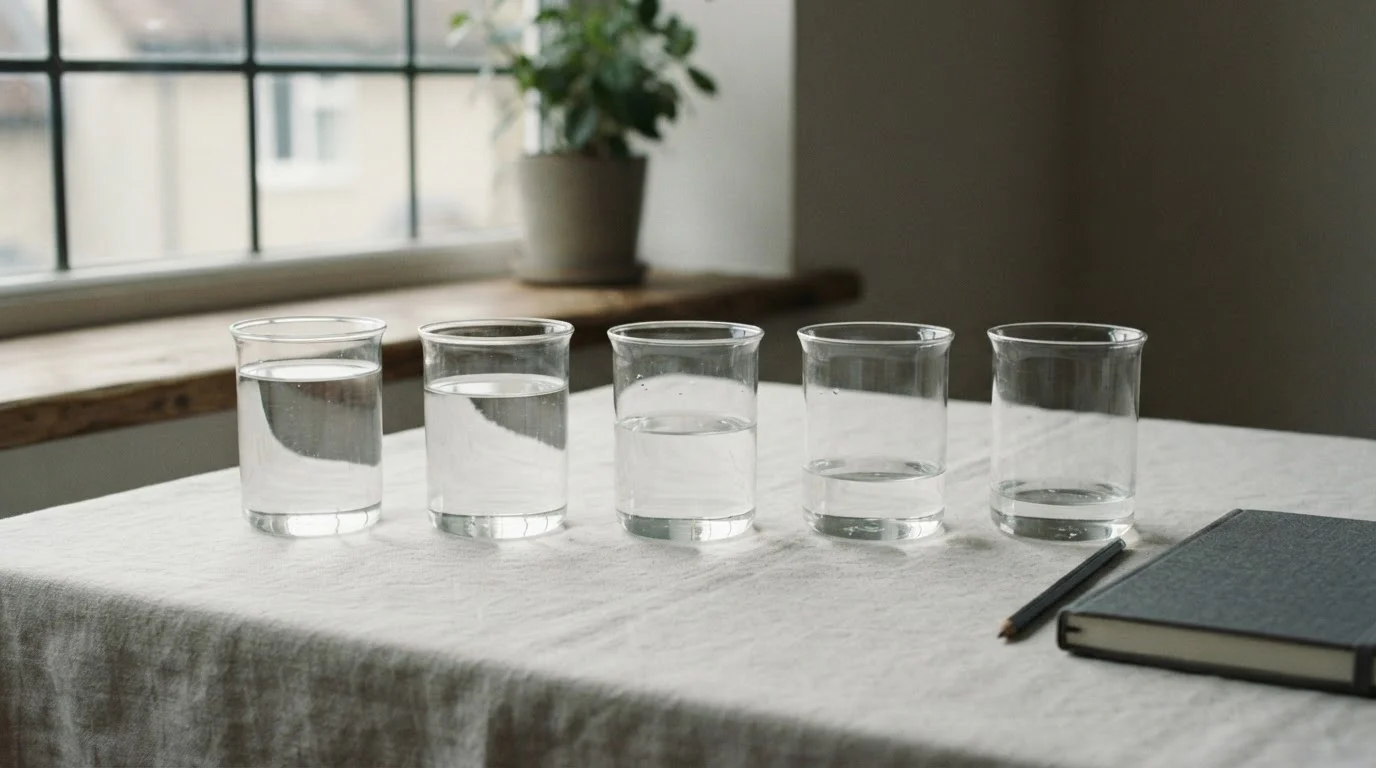 Fila de vasos medidores de cristal con un nivel de agua que baja de izquierda a derecha