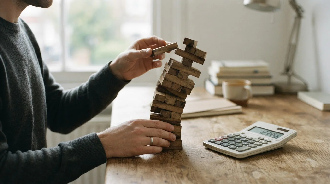 Manos apilando bloques de madera en una torre inclinada junto a una calculadora
