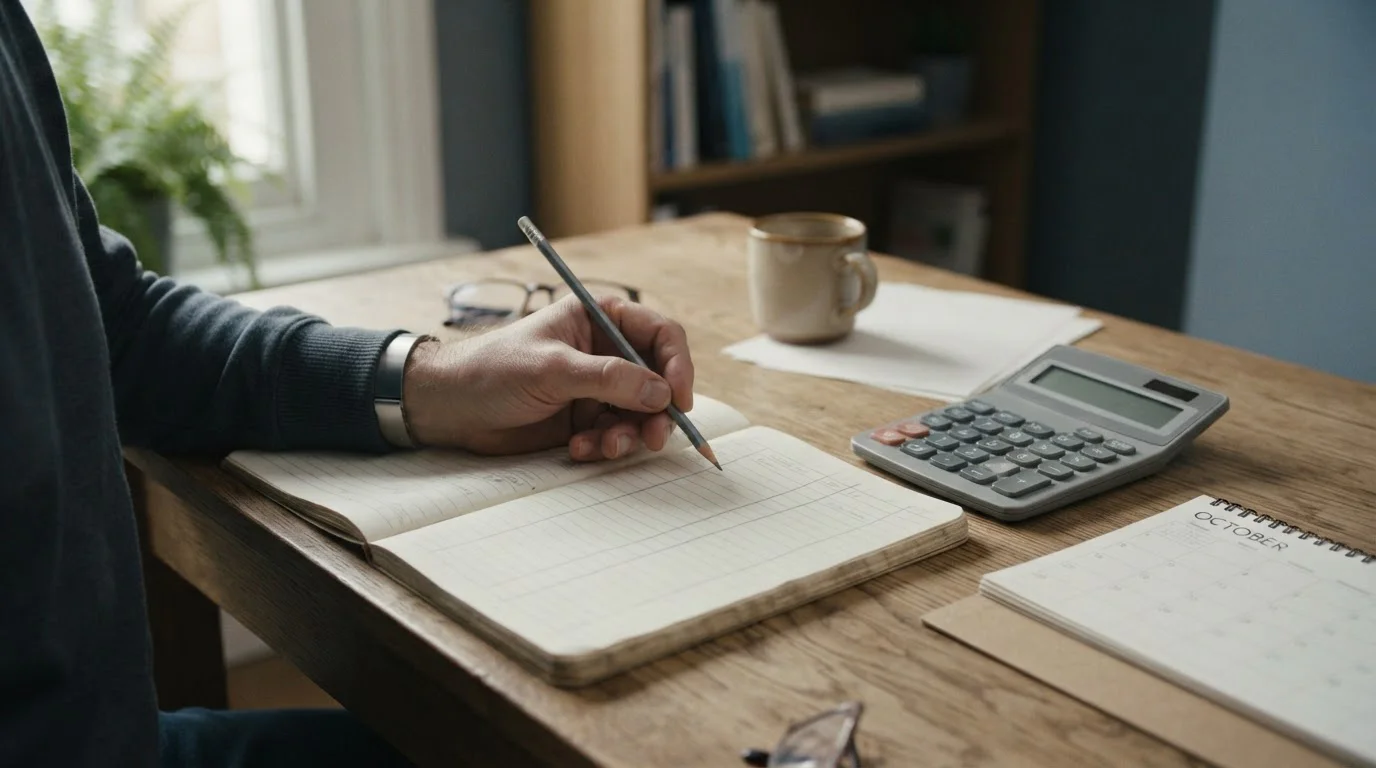 Mano con lápiz anotando cálculos junto a una calculadora y un calendario