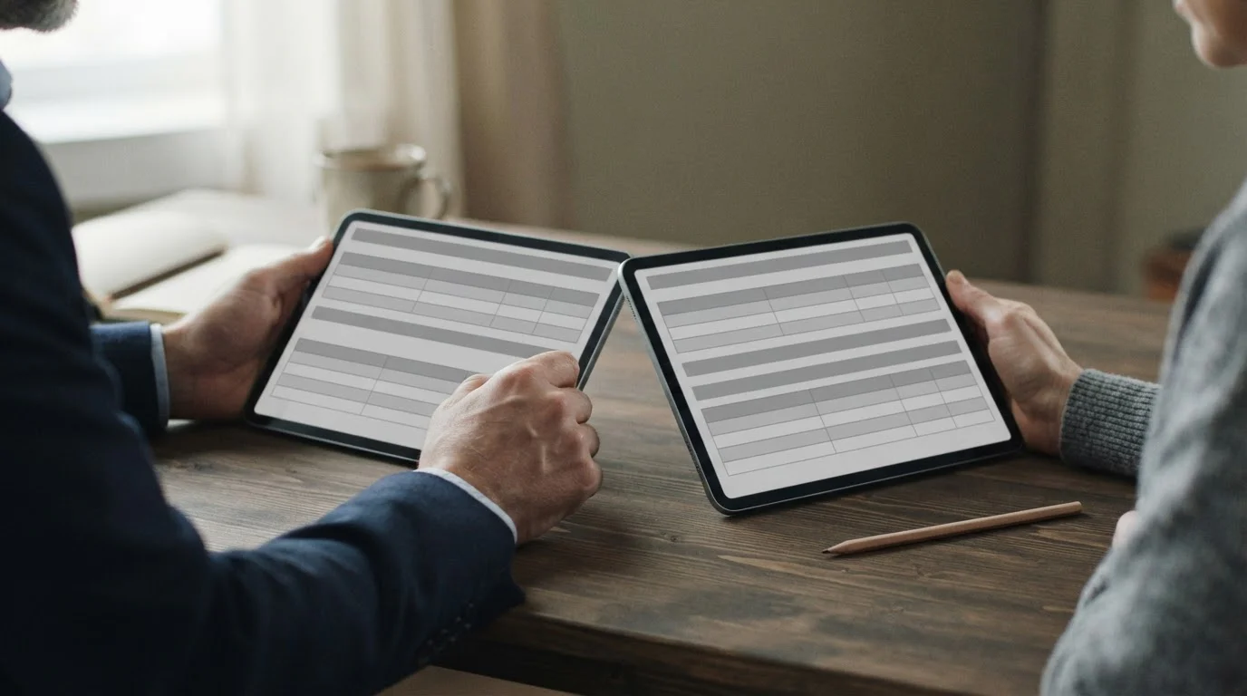 Manos comparando dos tabletas con tablas neutras sin nombre