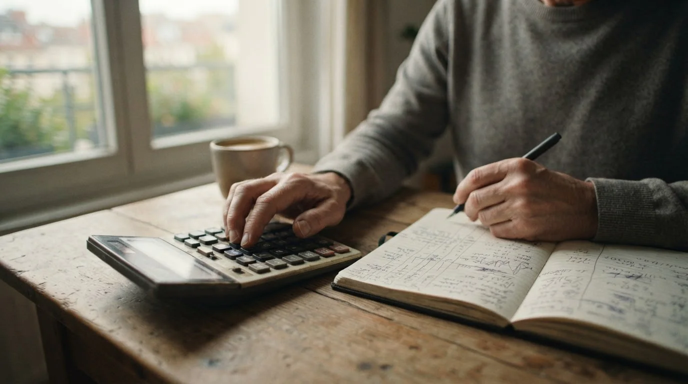 Manos con una calculadora junto a un cuaderno con columnas